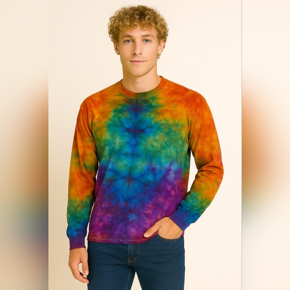 Rainbow Lion Back Adult Medium Long Sleeve Tie Dye Tee - Picture 1 of 7